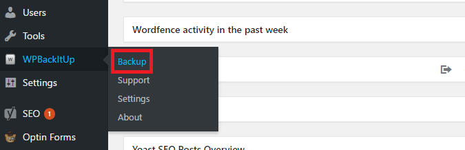 WPBackItUp backup menu