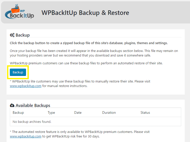 WPBackItUp One-click backup