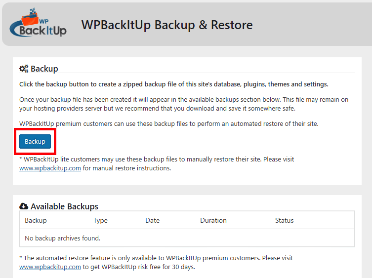 WPBackItUp one-click backup