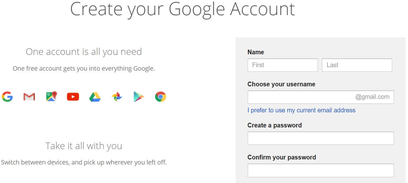 Google account creation page