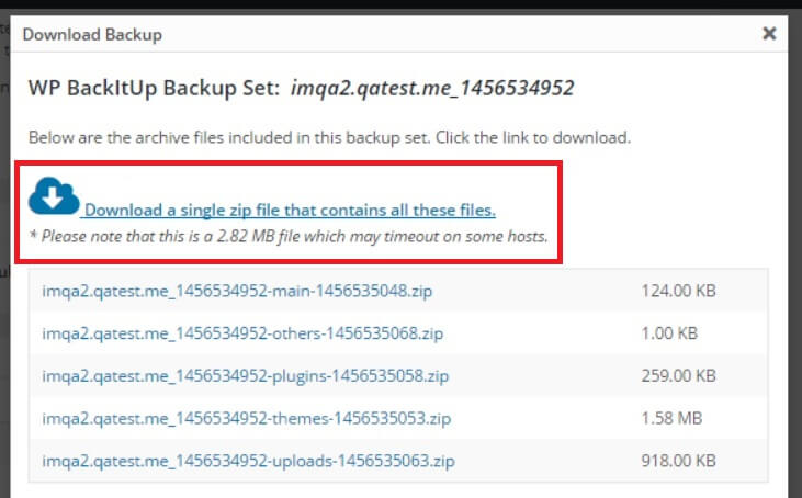 WPBackItUp download backup button