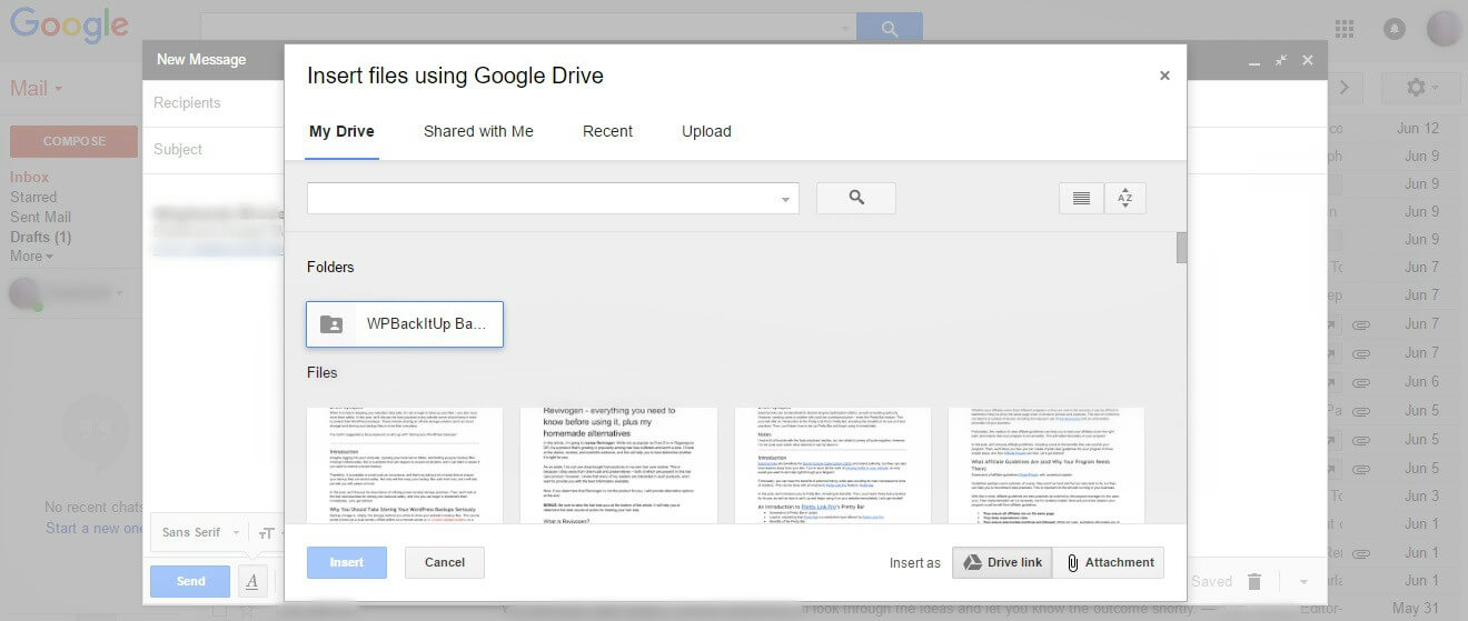 A Gmail pop-up box enabling the attachment of Google Drive files