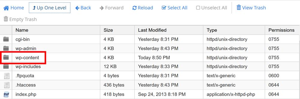 cPanel File Manager Folder Contents