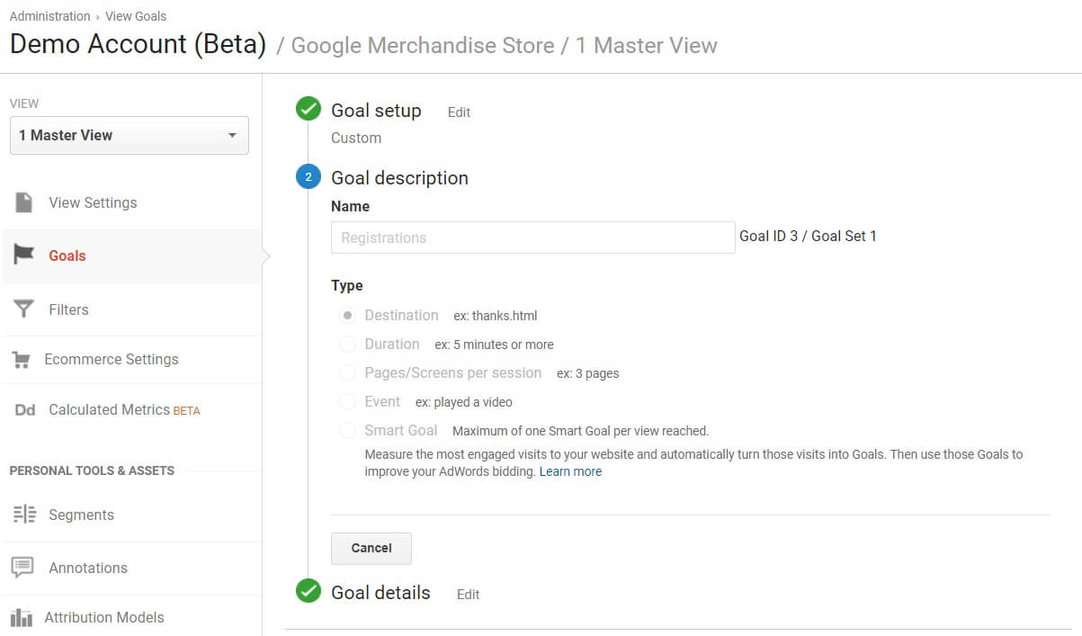 Google Analytics Goals options