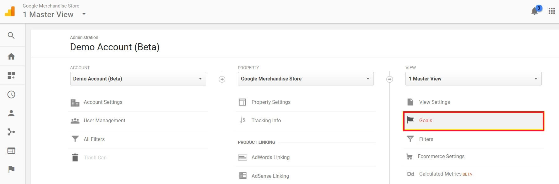 Google Analytics Goals option menu