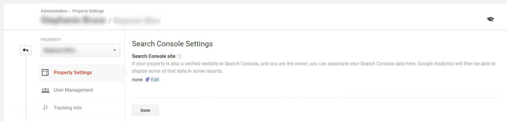 Google Analytics Search Console settings