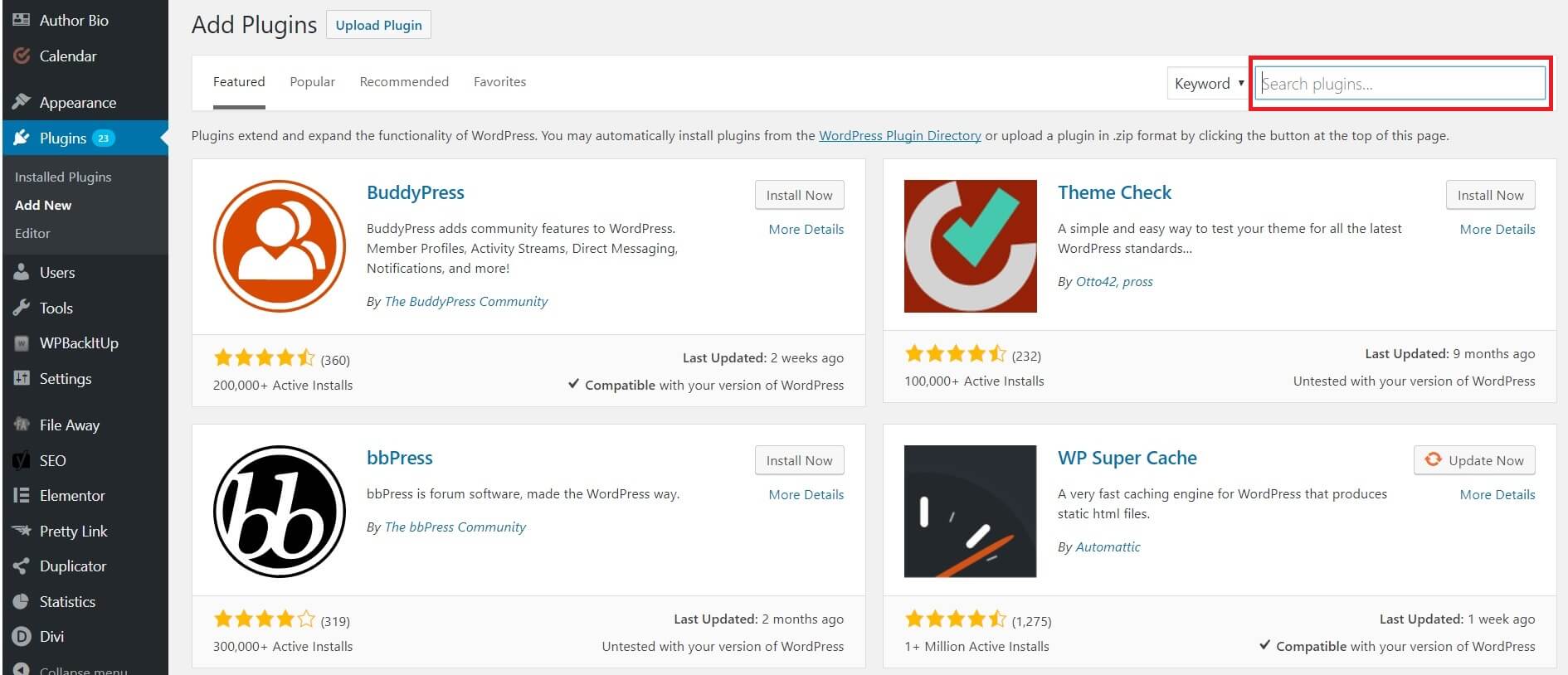 WordPress Add New Plugins page