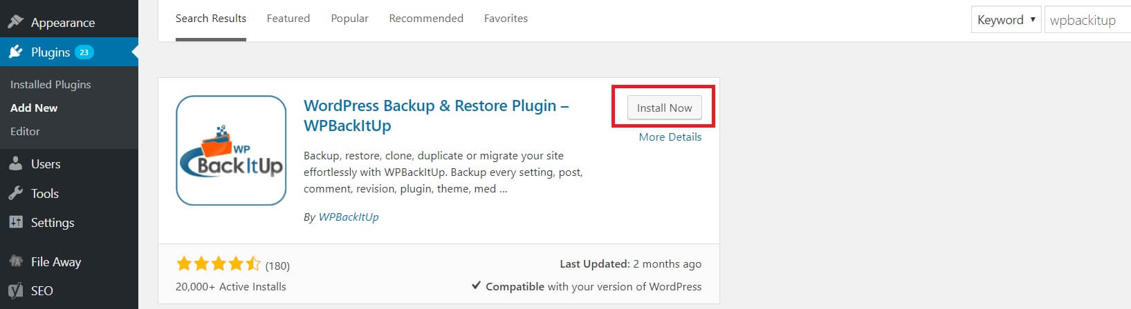 Install Now button for plugin installation