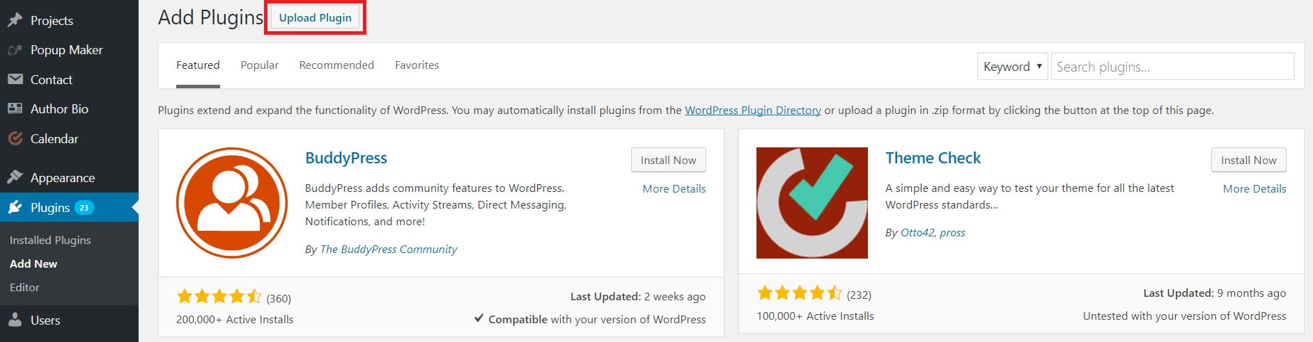 The Upload Plugin button on WordPress