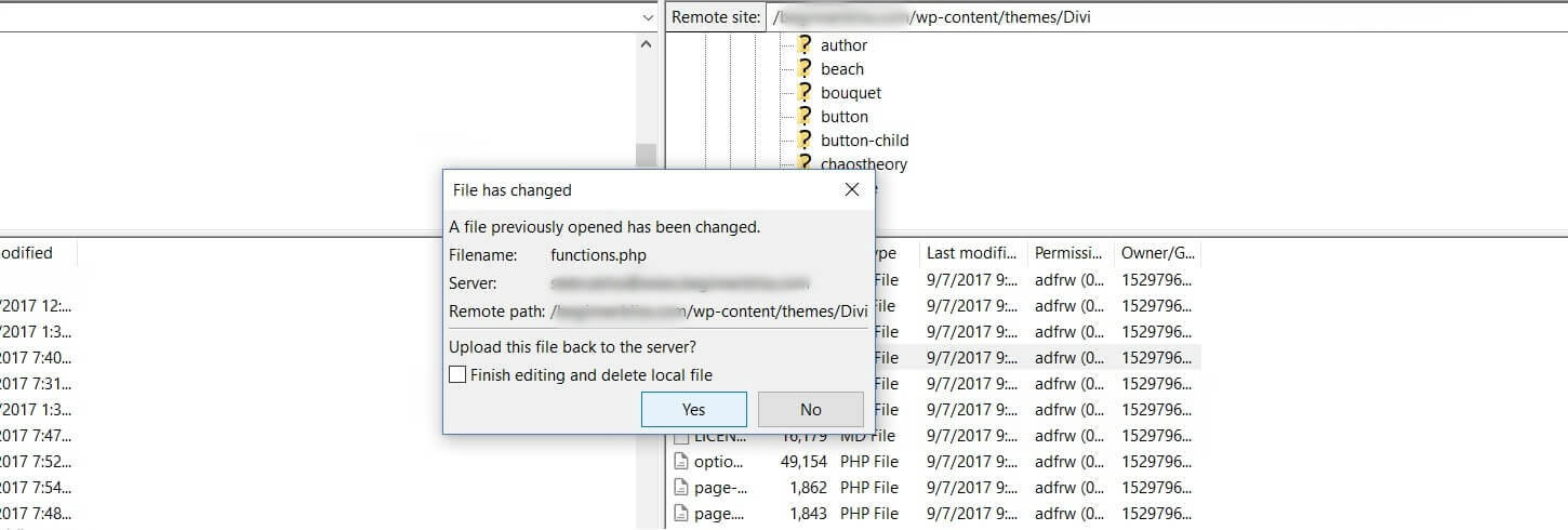 Save changes option in FileZilla