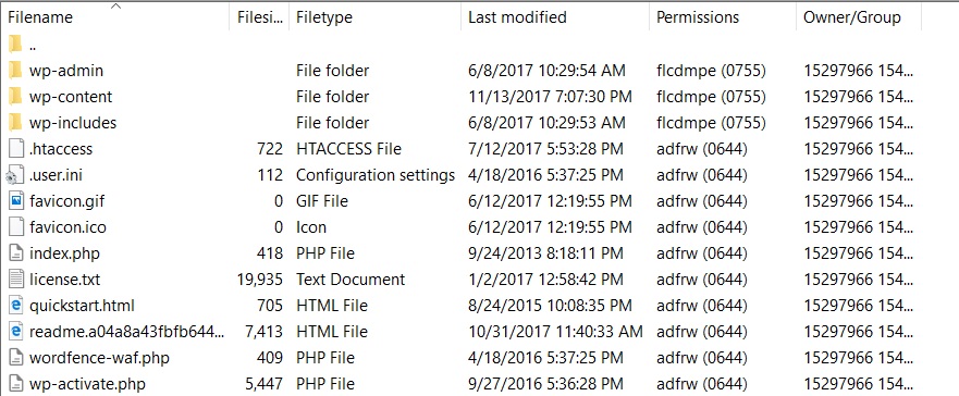 A website's server files as seen in FileZilla