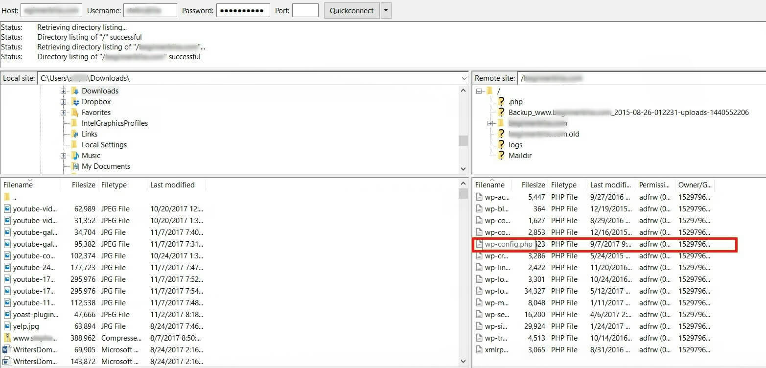 A website wp-config.php file in FileZilla