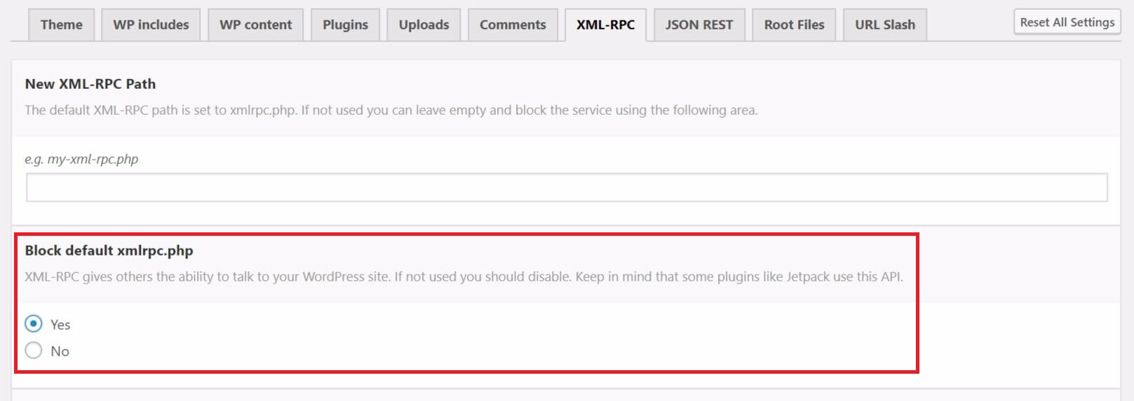 The XML-RPC disable option in WordPress plugin