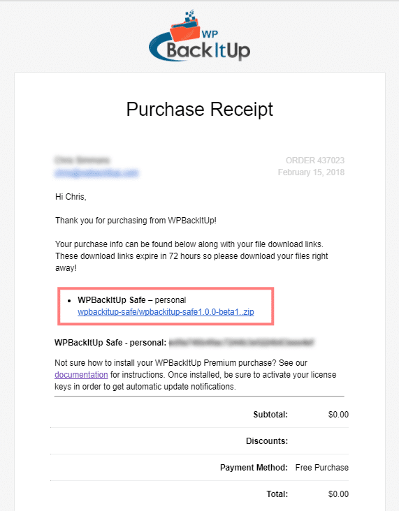 WPBackItUp Safe Purchase Receipt