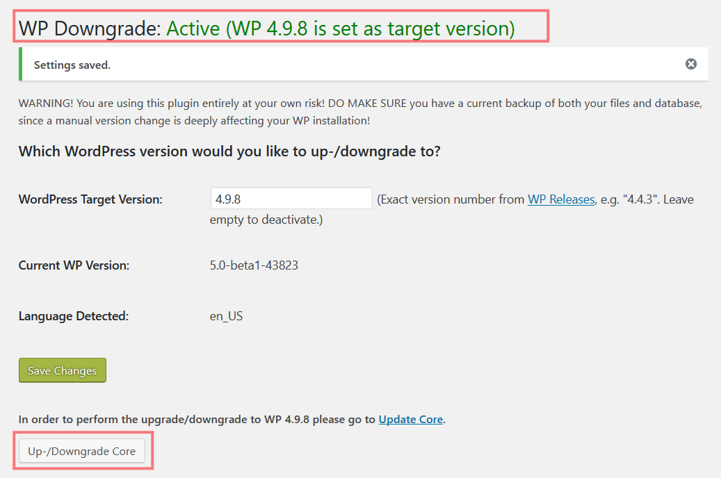 WP DownGrade Active