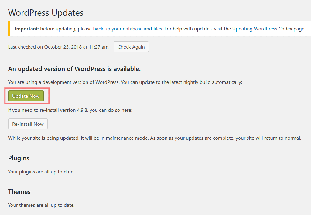 WordPress Update Page